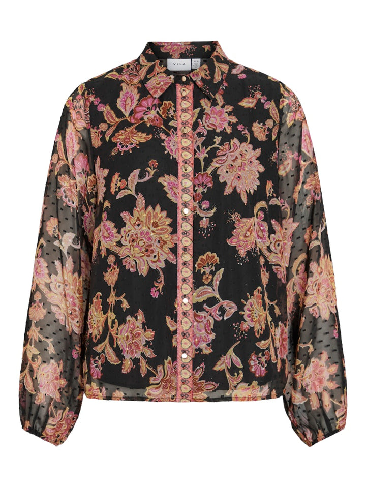 Vipraya O-neck L/s Printed Shirt/ln - Zwart Dessin