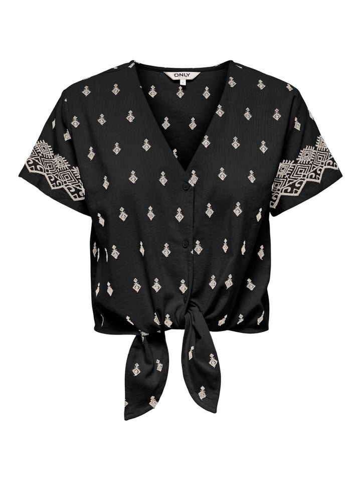 Onlsiesta Willa Emb Ss Knot But Top - Zwart Dessin