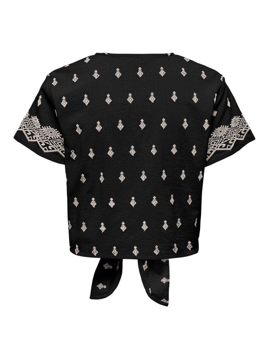 Onlsiesta Willa Emb Ss Knot But Top - Zwart Dessin