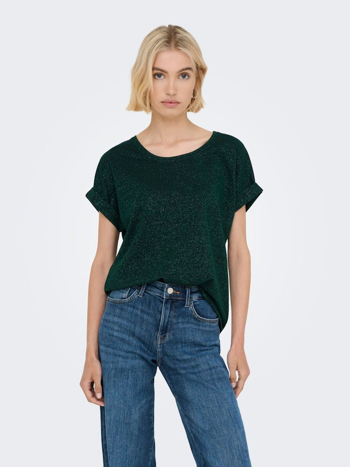 Onlmoster Glitter S/s Top Jrs - Donkergroen