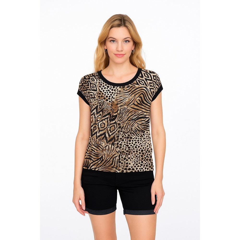 T-shirt With Rib Jersey Aop - Bruin Dessin