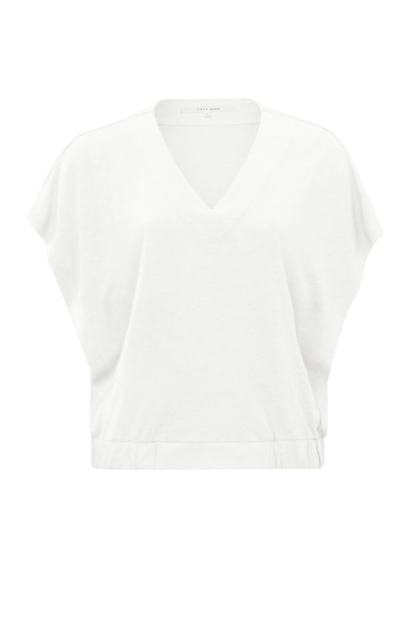 V-neck Top With Elastic Waistb - Off-white