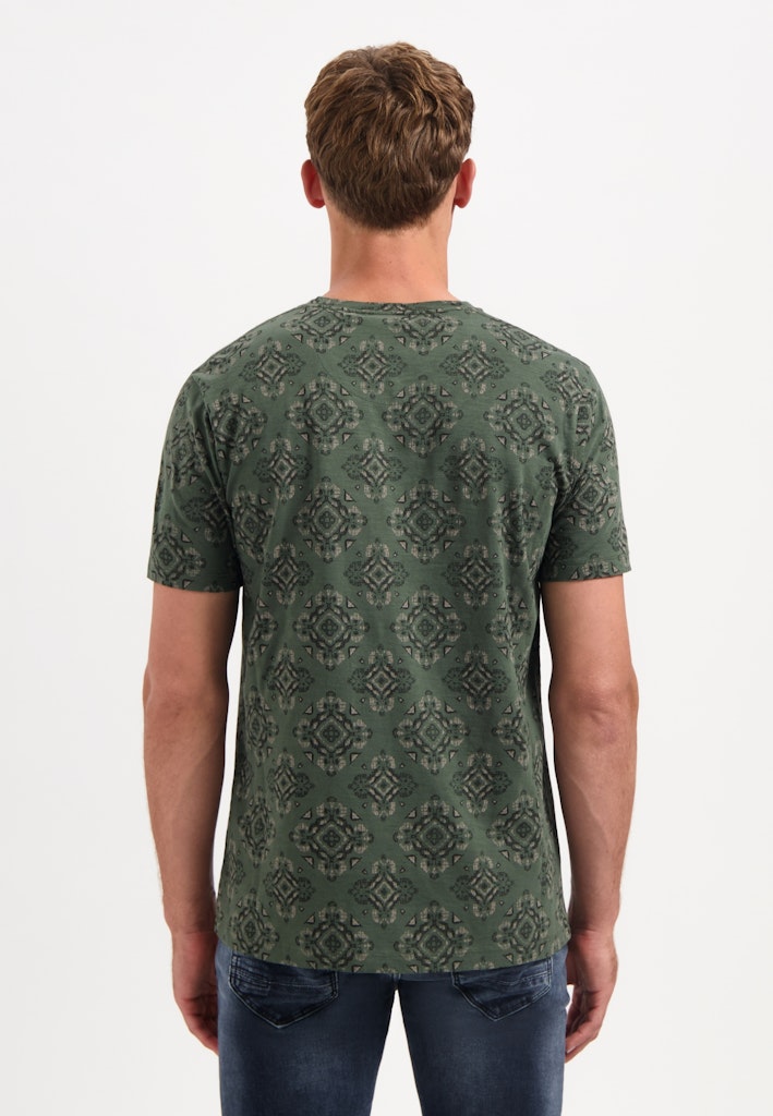 T-shirt Crewneck Allover Printed Garment Dyed Slub - Groen Dessin