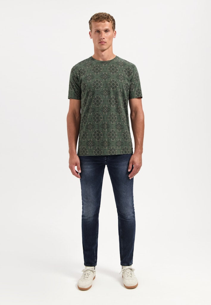 T-shirt Crewneck Allover Printed Garment Dyed Slub - Groen Dessin