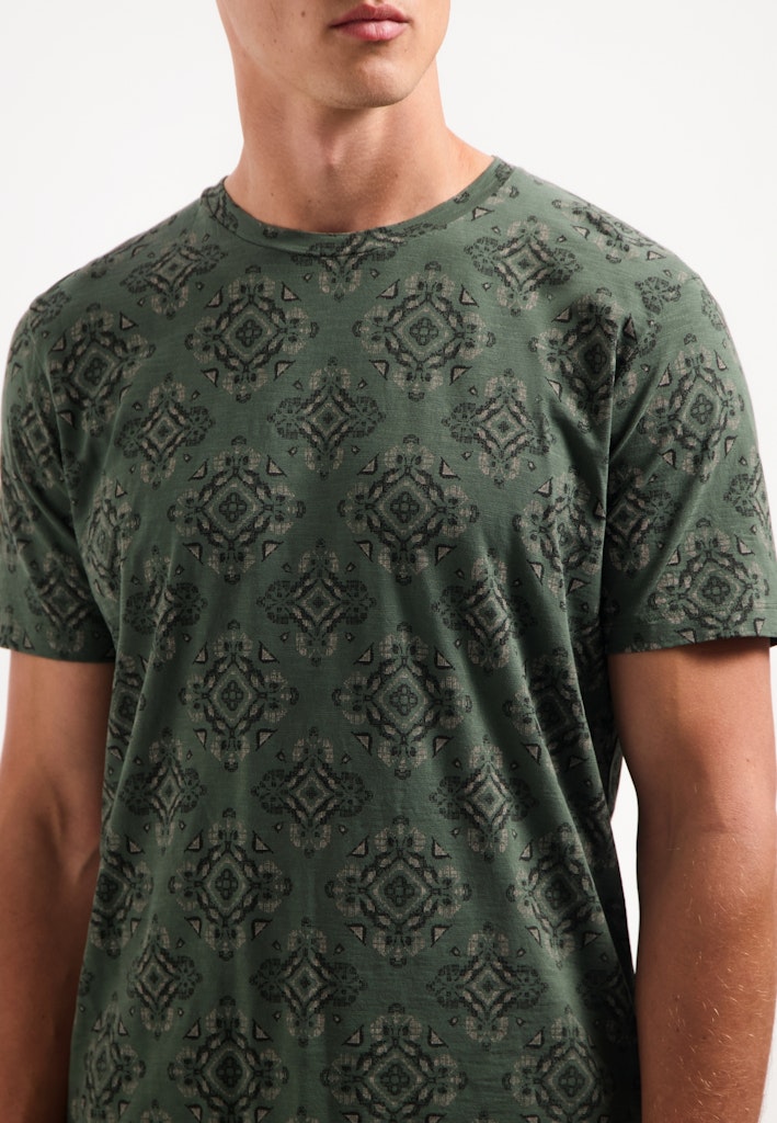 T-shirt Crewneck Allover Printed Garment Dyed Slub - Groen Dessin