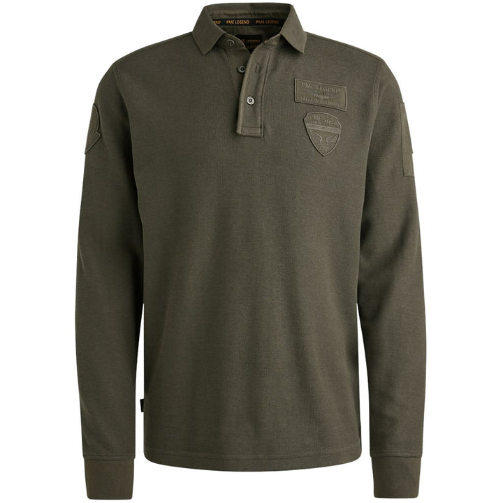 Long Sleeve Polo Waffle Pique Carg - Donkergroen