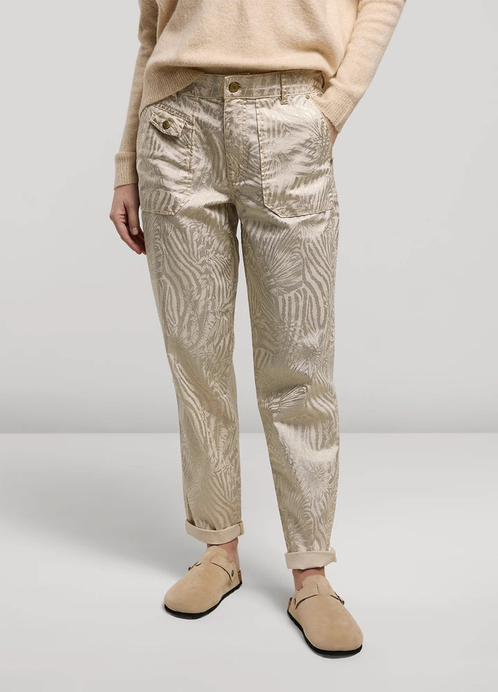 Loose Fit Pants Metallic Leaf Stretch Twill - Ecru Dessin