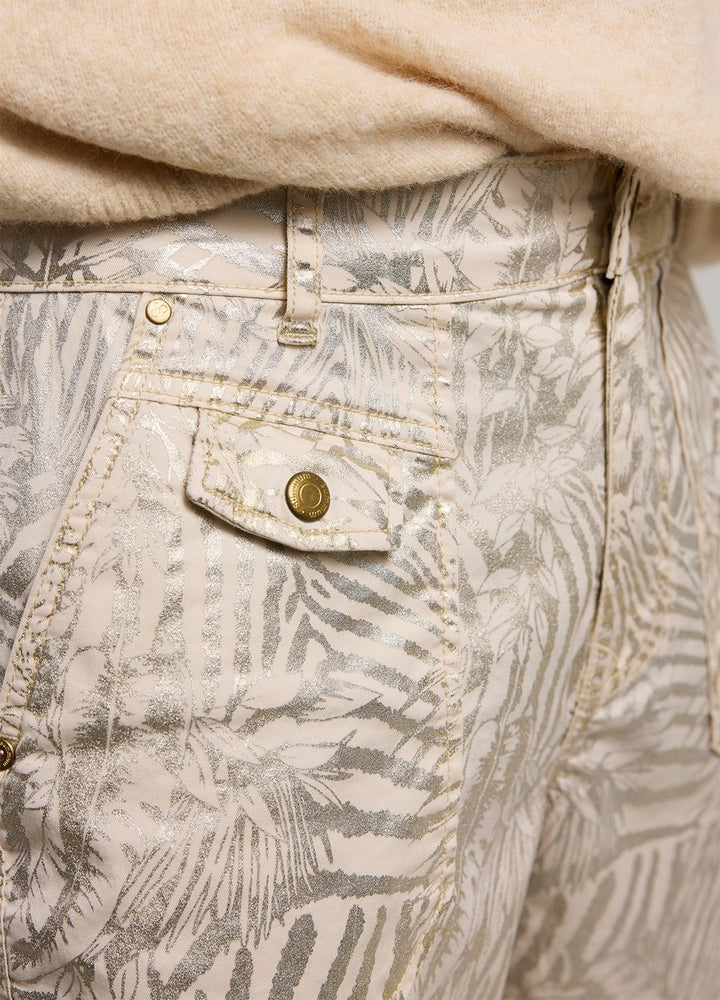 Loose Fit Pants Metallic Leaf Stretch Twill - Ecru Dessin