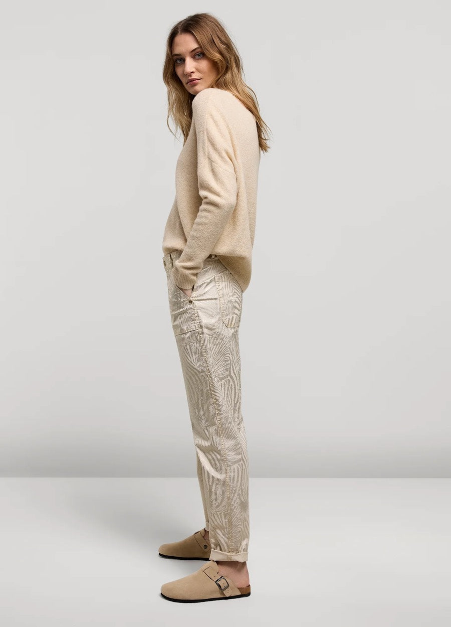 Loose Fit Pants Metallic Leaf Stretch Twill - Ecru Dessin