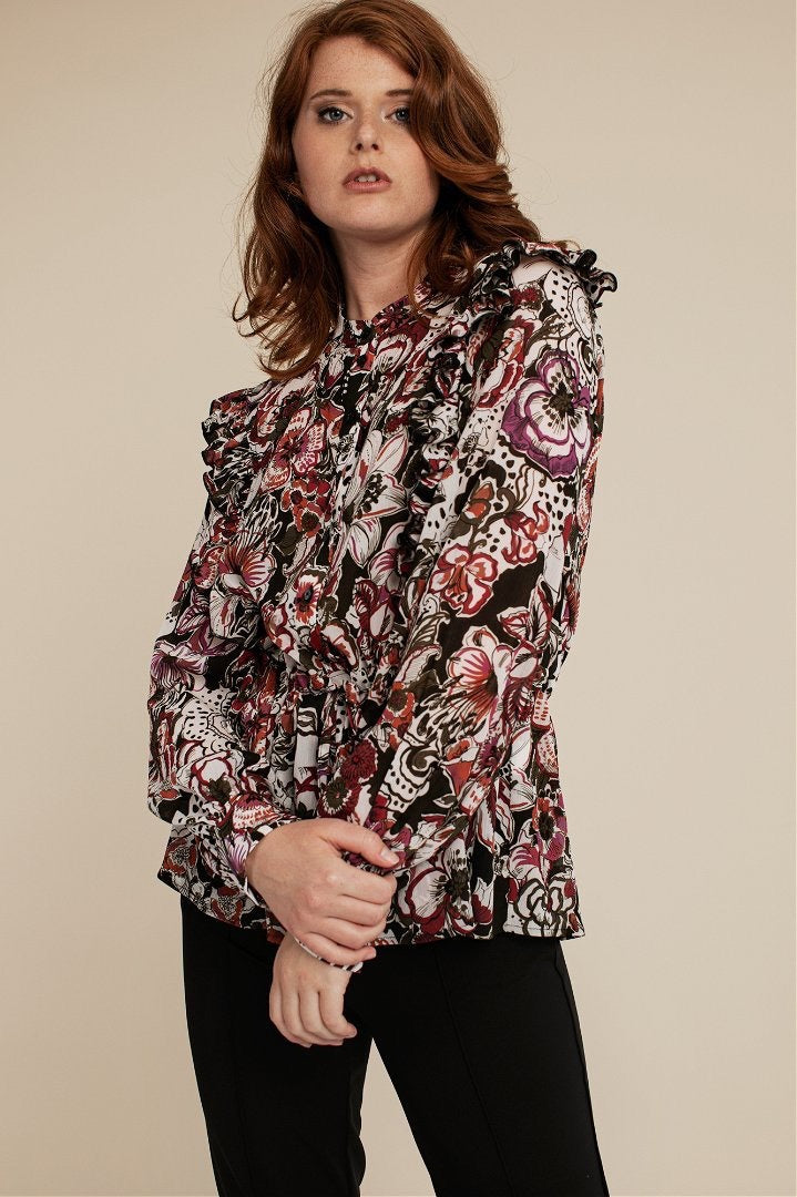 06388 Dieke Crepe Flower Blouse - Ecru Dessin