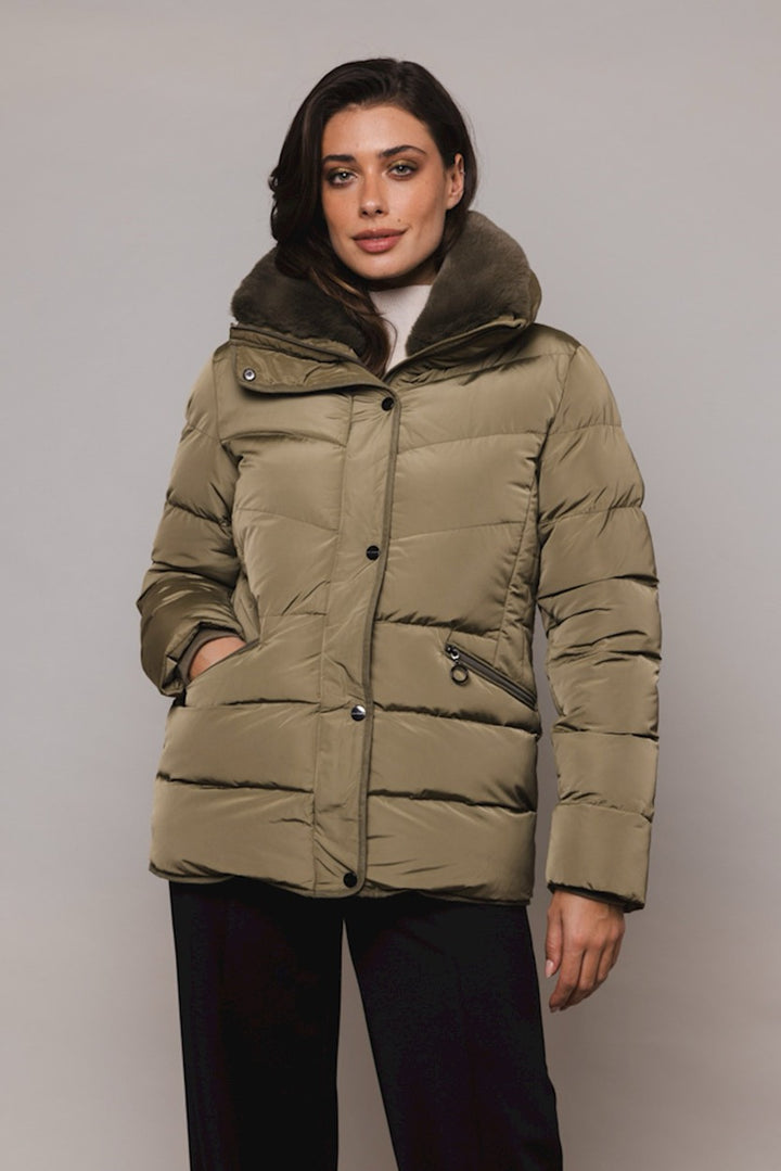 Padded Jacket With Faux Fur Collar - Army