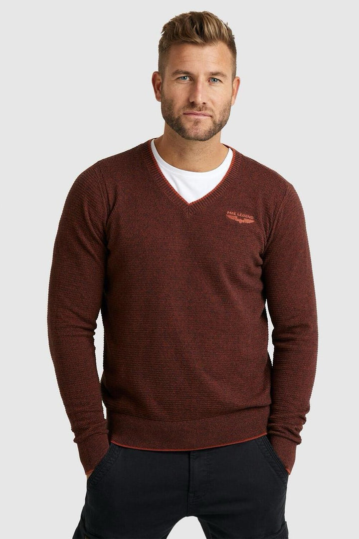 V-neck Cotton Mouline Knit - Steenrood