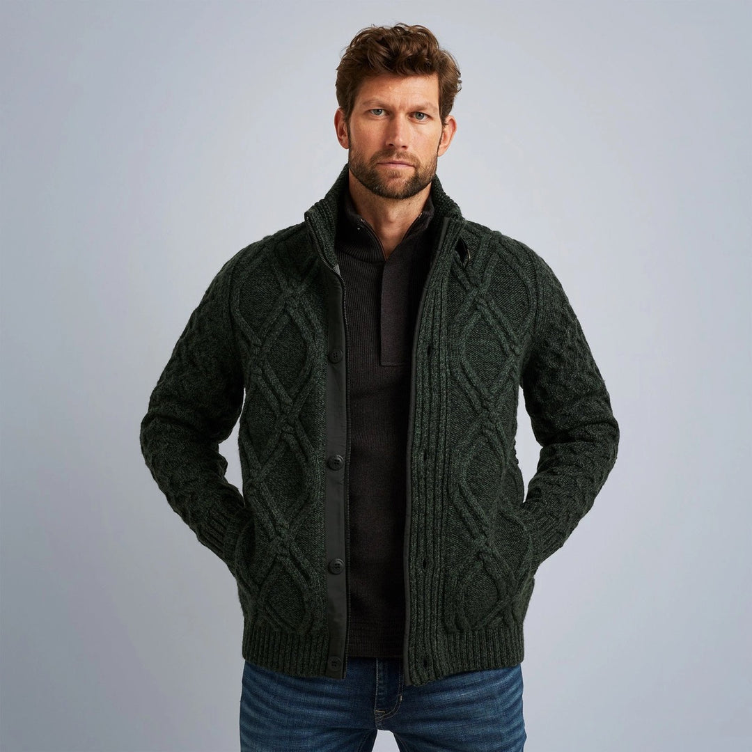 Zip Jacket Heavy Knit Mixed Yarn - Groen Dessin