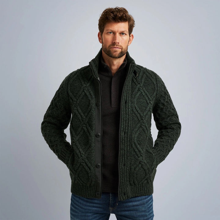 Zip Jacket Heavy Knit Mixed Yarn - Groen Dessin