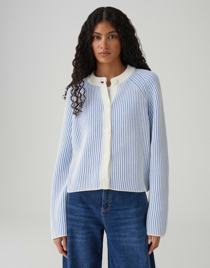 Opus Delsie vest gebreid dames – blauw dessin