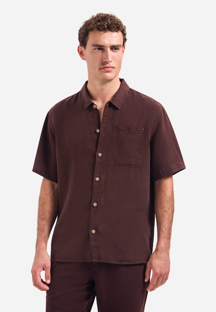 Shirt Short Sleeve With Linen, Garment Dyed - Bruin Dessin