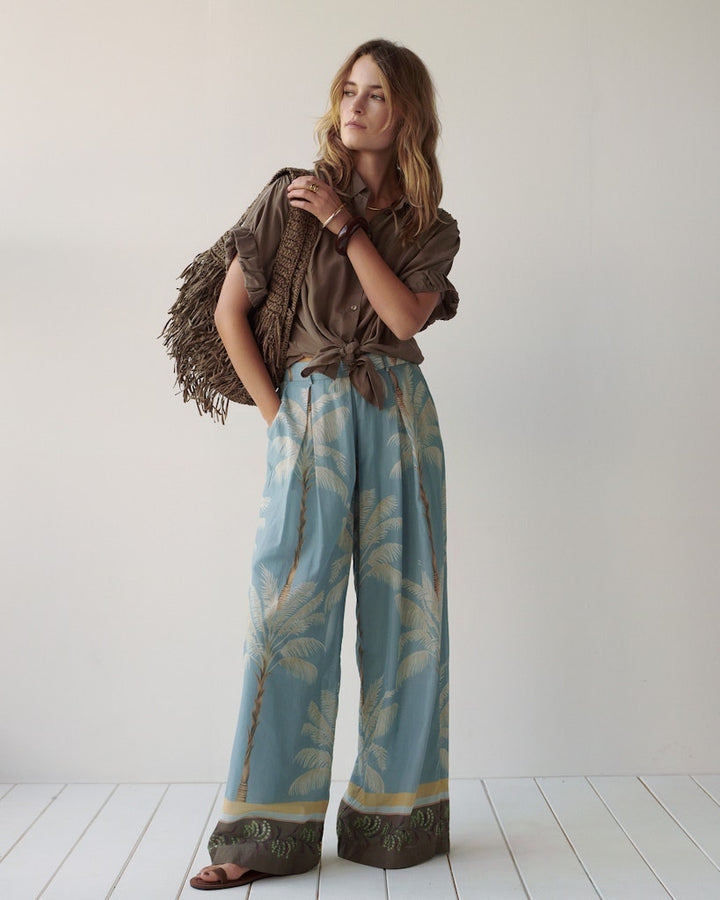 Trousers Palmtree Print Single Border - Blauw Dessin