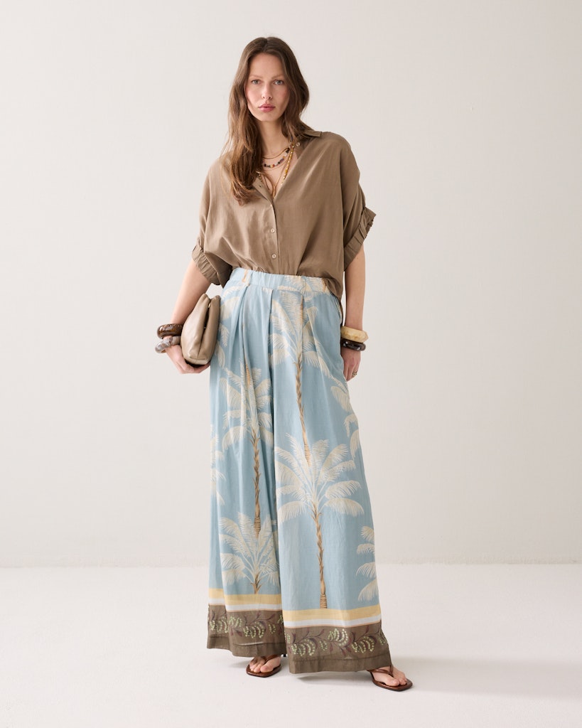 Trousers Palmtree Print Single Border - Blauw Dessin