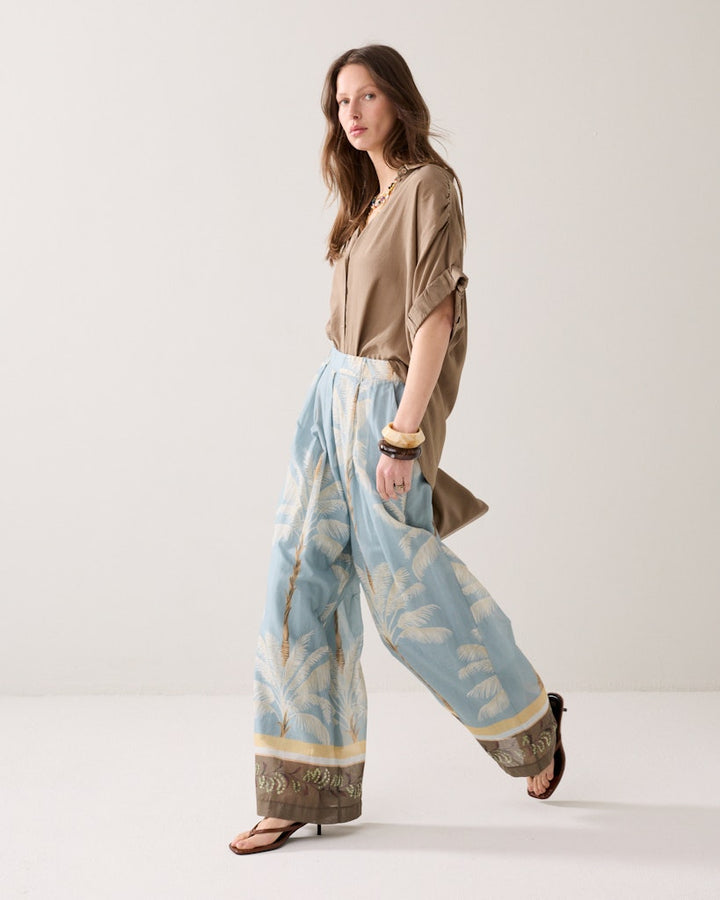 Trousers Palmtree Print Single Border - Blauw Dessin