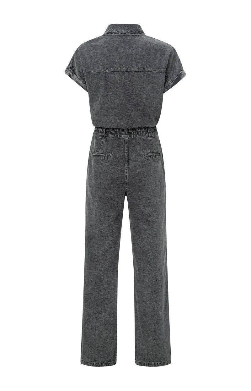 Denim Jumpsuit With Zipper And - Grey Denim