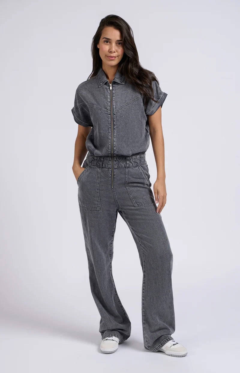 Denim Jumpsuit With Zipper And - Grey Denim