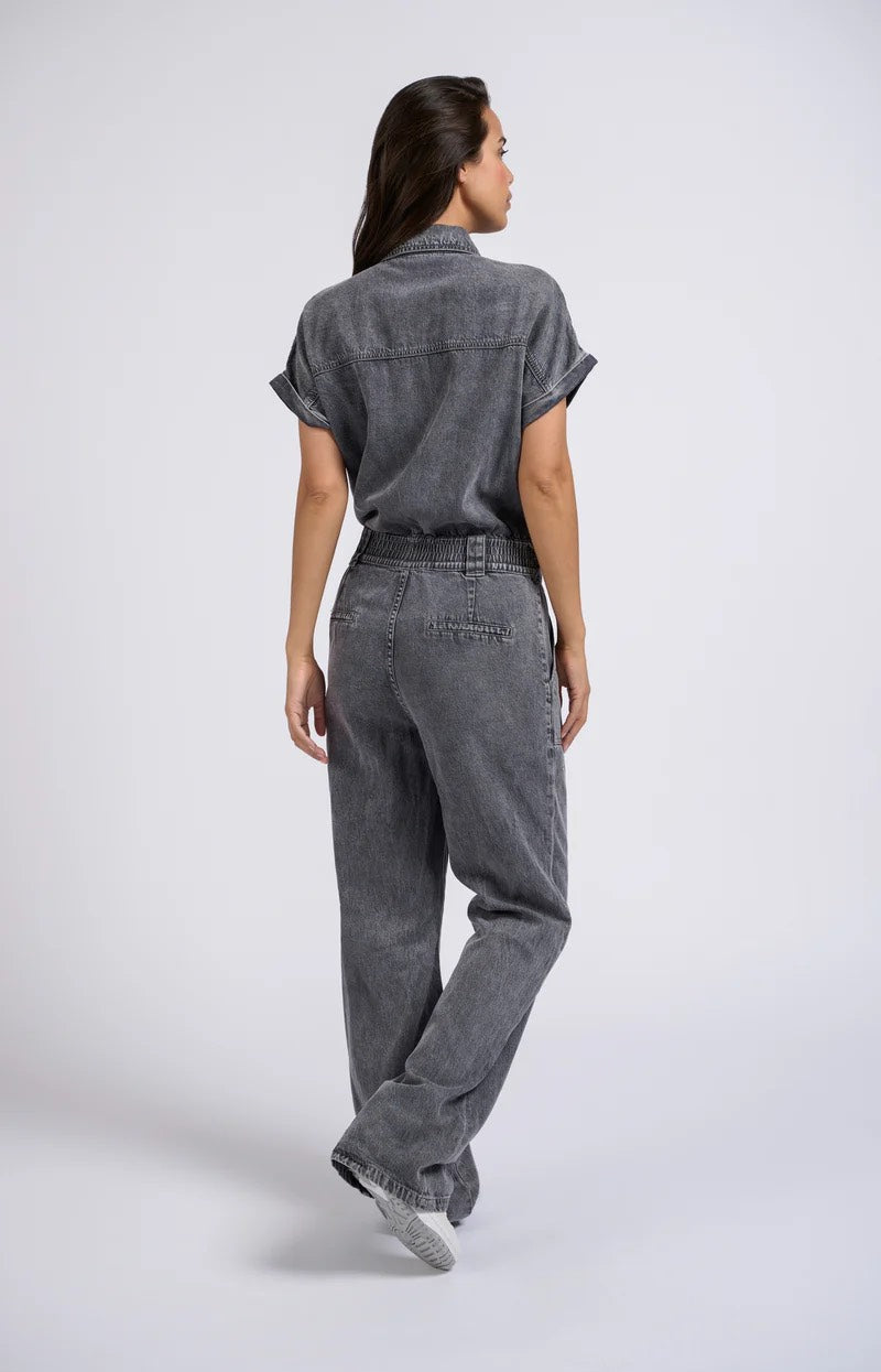 Denim Jumpsuit With Zipper And - Grey Denim