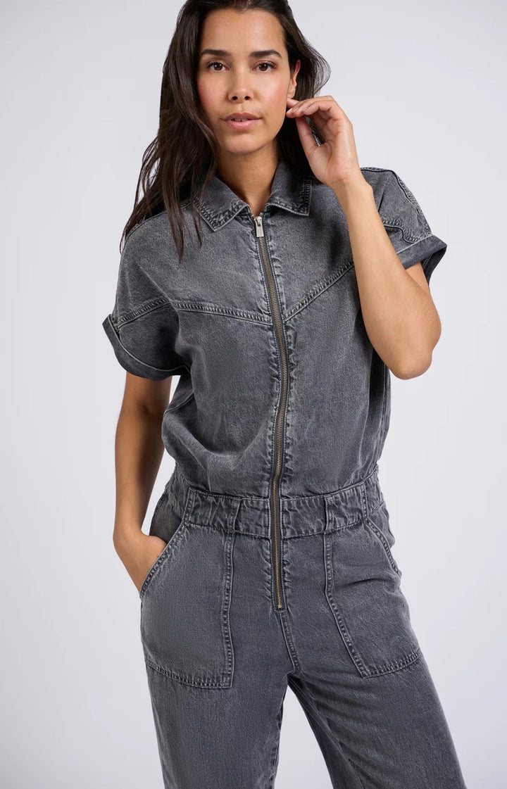 Denim Jumpsuit With Zipper And - Grey Denim