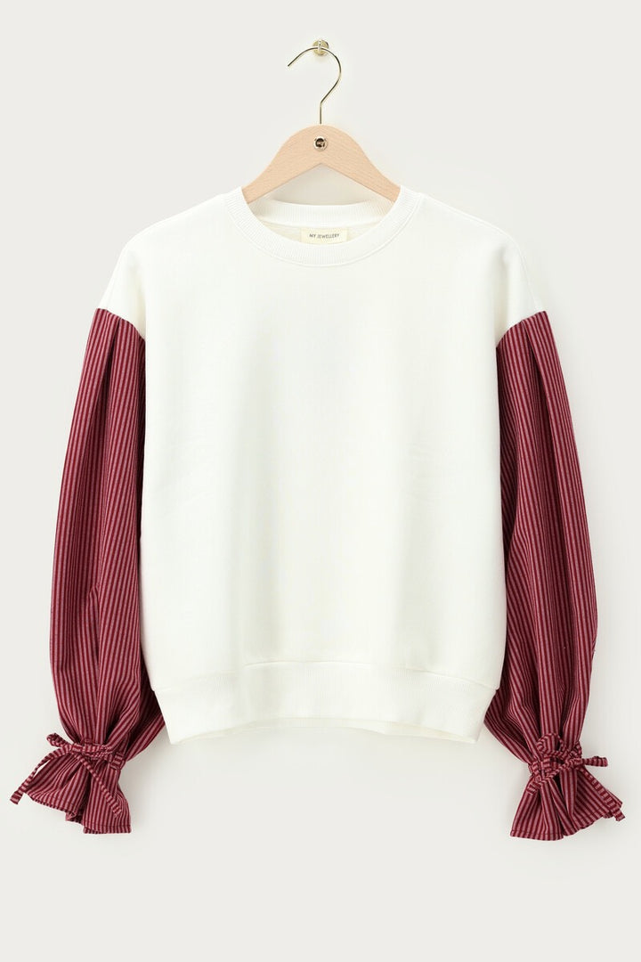 Witte Sweater Met Gestreepte Mouwen - Wit