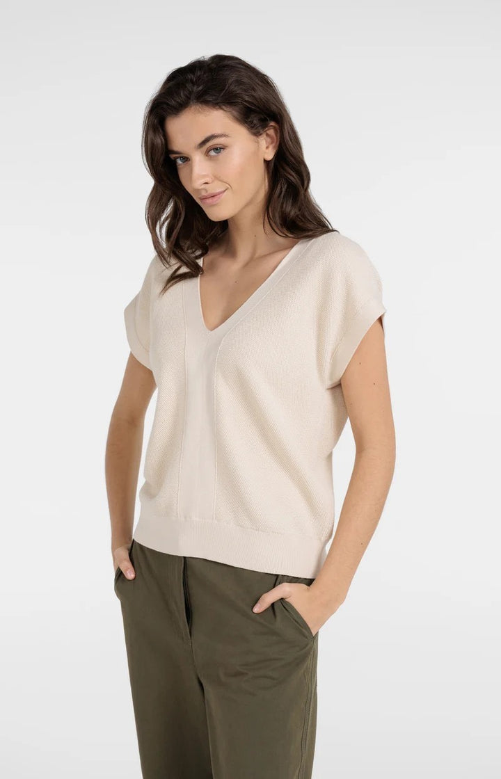 Mesh Stitch Double V-neck Swea - Beige