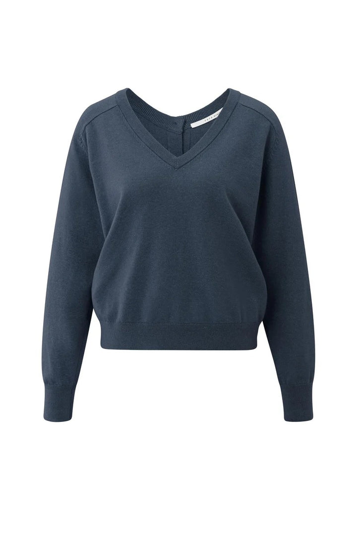 Double V-neck Sweater With But - Blauw Melee
