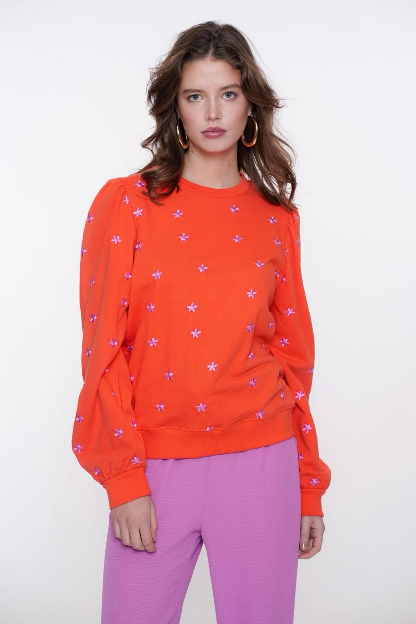 Sweater Embroiderd Flowers - Koraal Rood