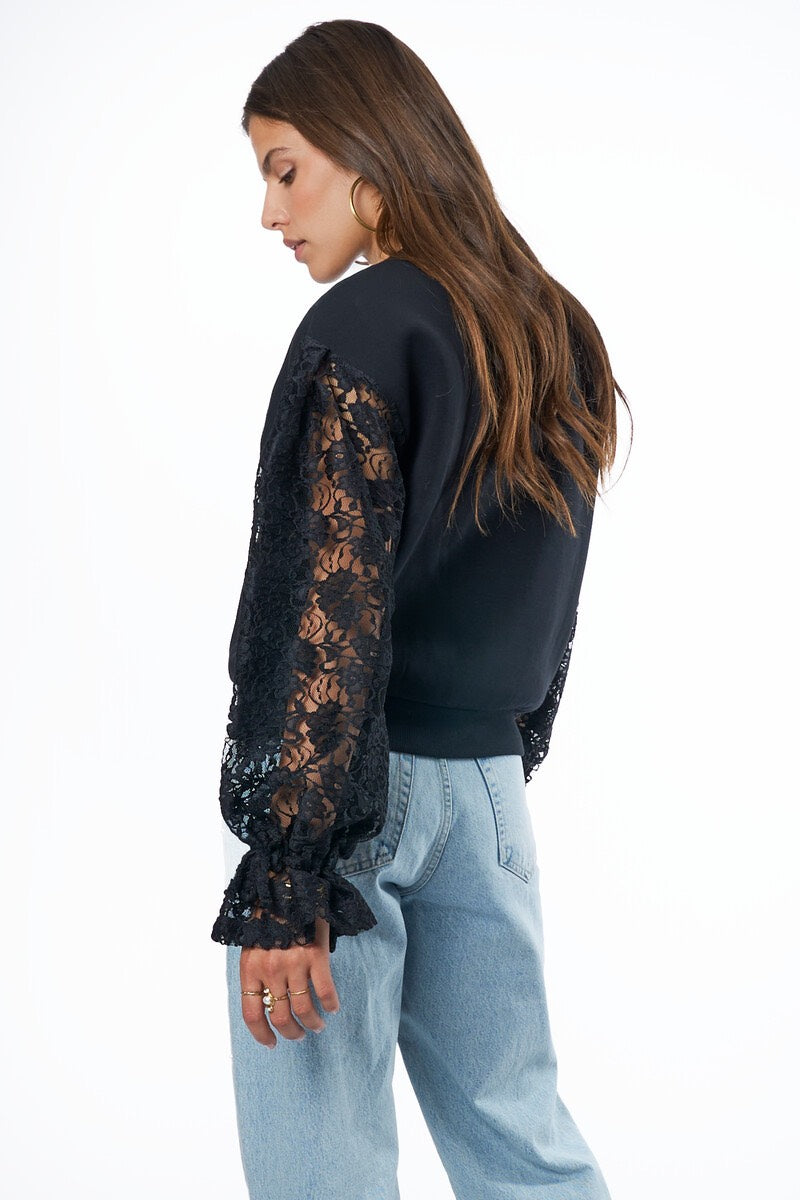 Zwarte Sweater Met Kanten Lange Mouwen - Zwart