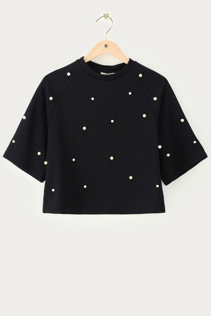 Zwarte Korte Sweater Met Imitatie Parels - Zwart