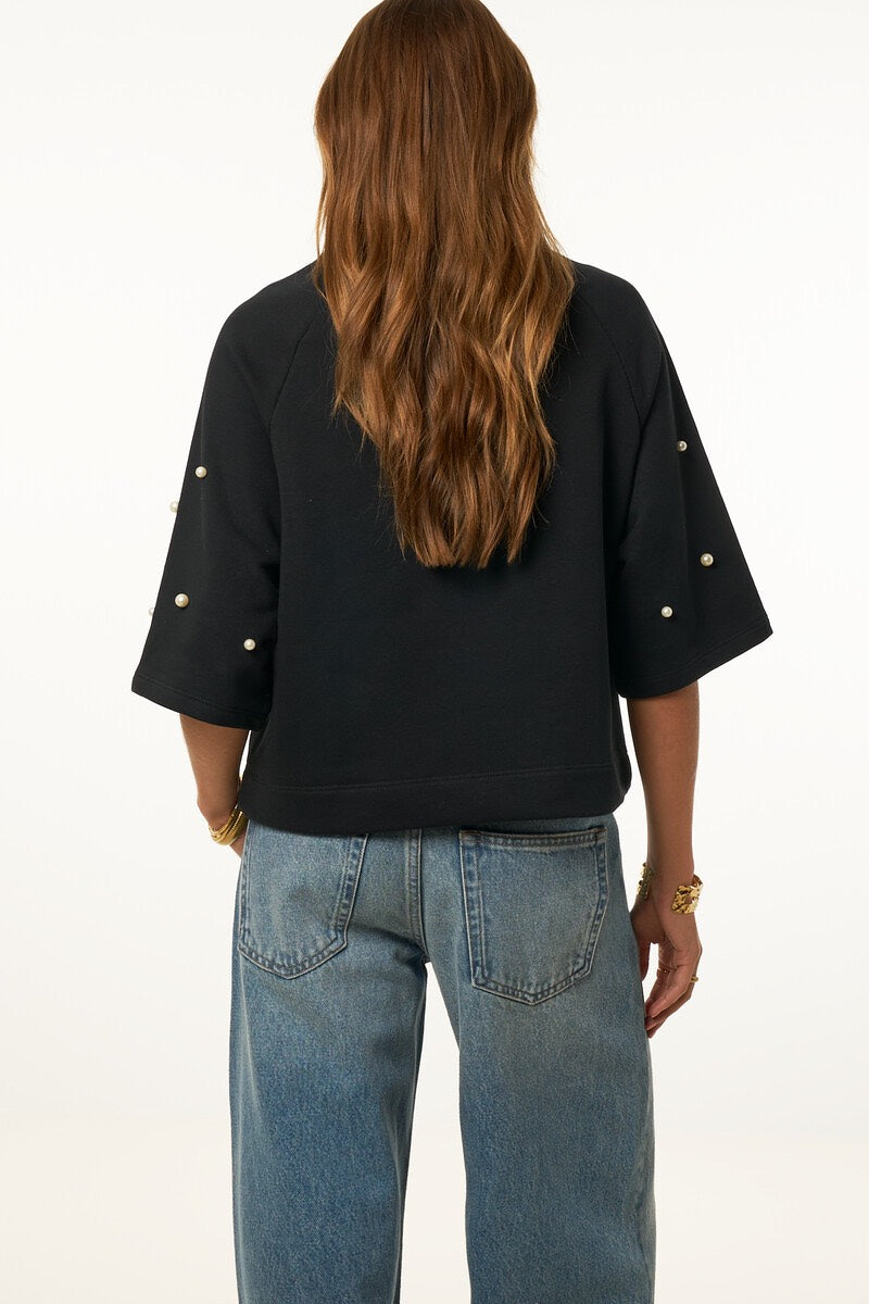 Zwarte Korte Sweater Met Imitatie Parels - Zwart