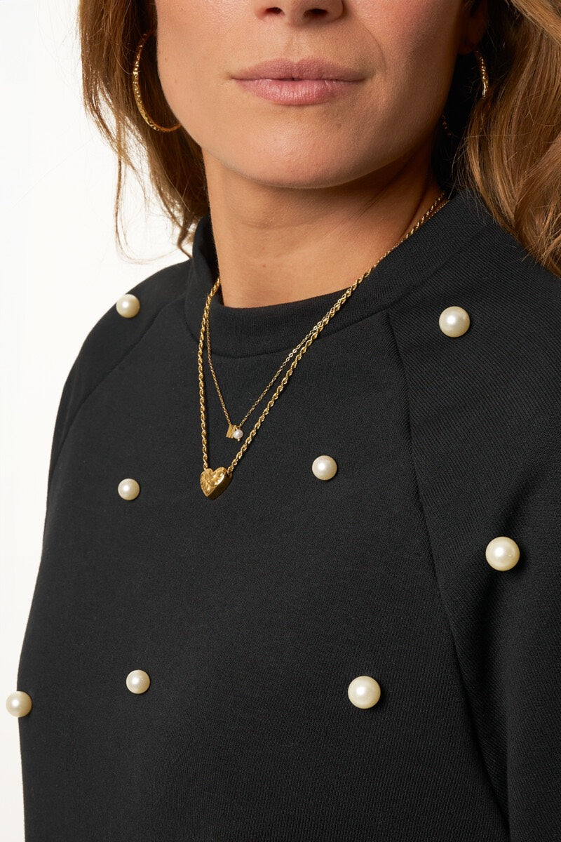 Zwarte Korte Sweater Met Imitatie Parels - Zwart