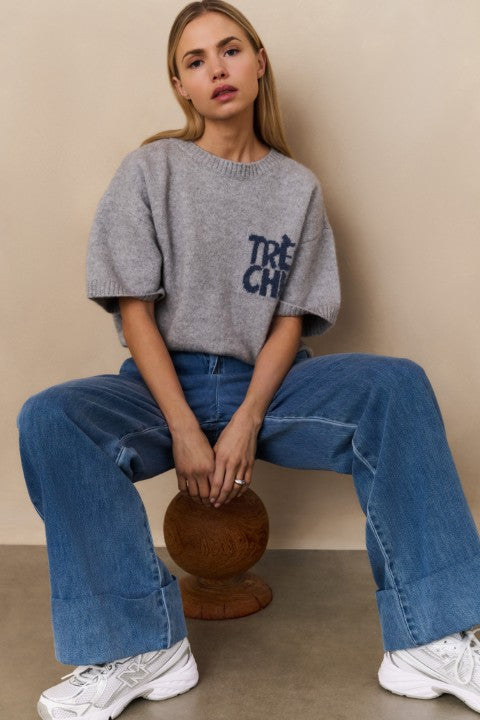Short Sleeve Sweater With Artw - Grijs Dessin
