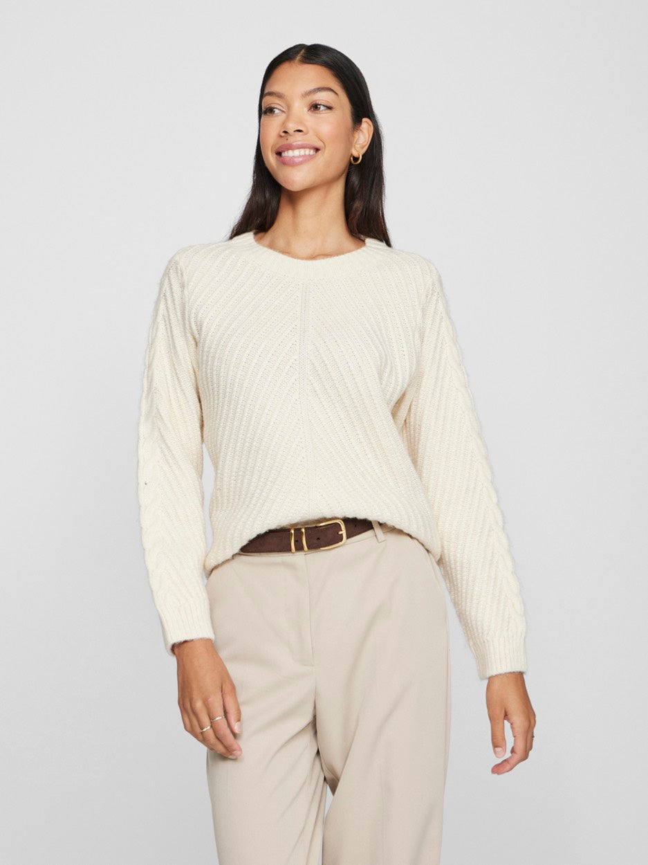 Vierin Ls O-neck Cable Knit Top - Ecru