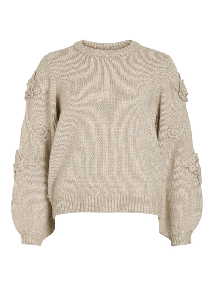 Vifaye O-neck L/s Embrodiery Knit Top - Beige