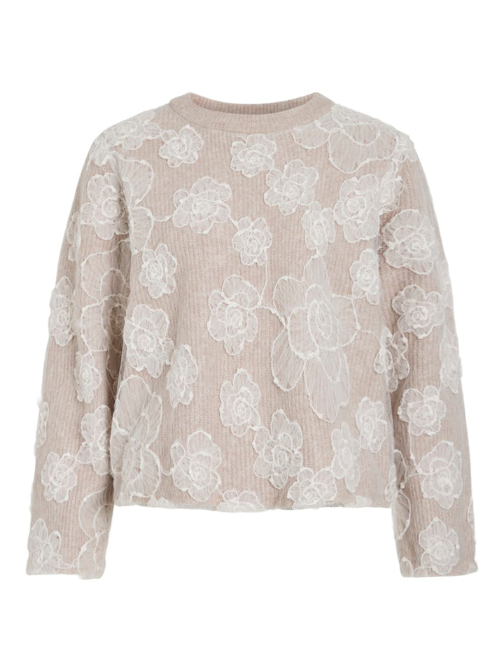Vihayden O-neck L/s Embroidery Knit Top - Zand Dessin