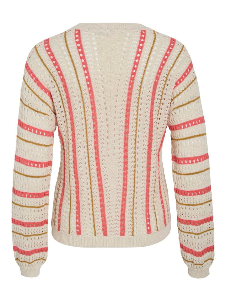 Vimarian O-neck L/s Stripe Knit Top - Ecru Dessin