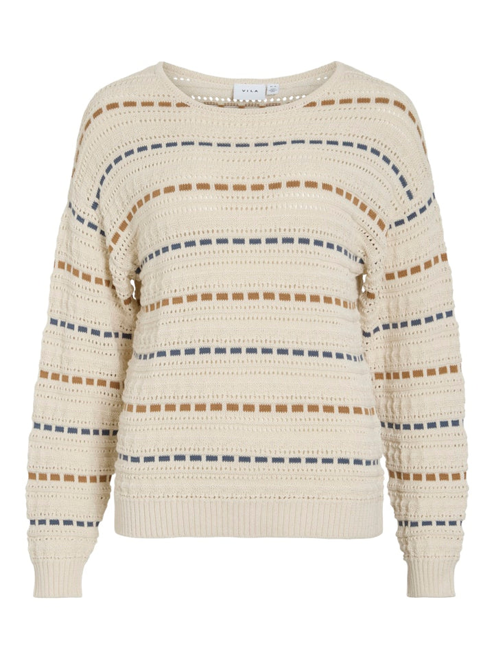 Vimarian O-neck Pointelle Stripe Knit/r - Ecru Dessin