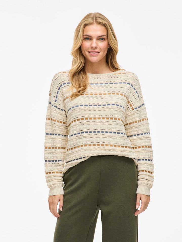 Vimarian O-neck Pointelle Stripe Knit/r - Ecru Dessin