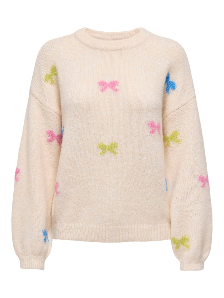 Onlbrunhilda Life Ls Bow O-neck Knt - Ecru Dessin
