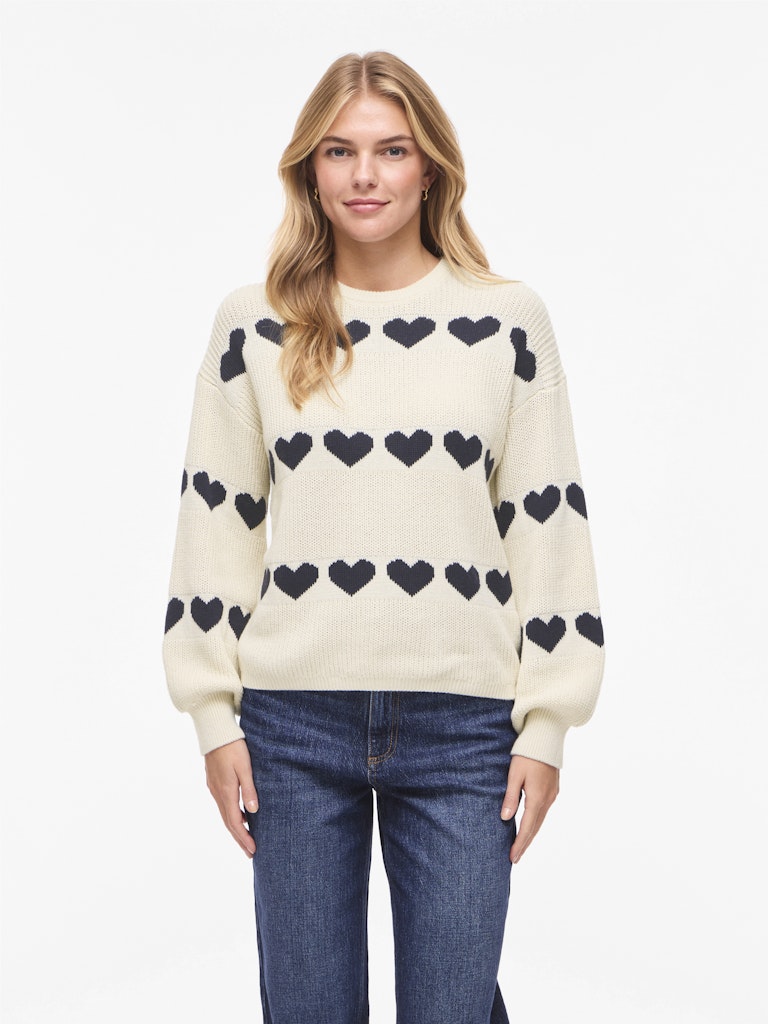 Vijamilla L/s O-neck Jacquard Knit Top/r - Ecru Dessin