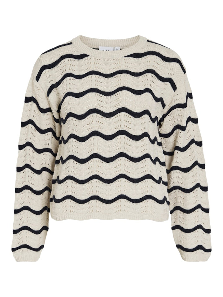 Viwave O-neck Ls Pointelle Knit Top-noos - Ecru Dessin