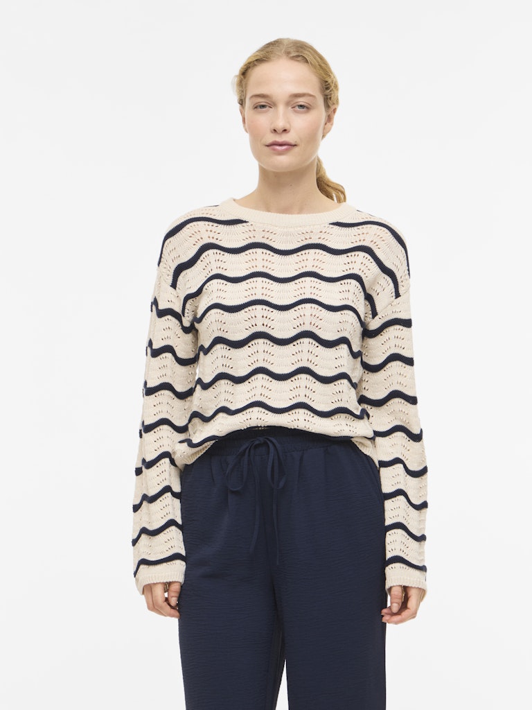 Viwave O-neck Ls Pointelle Knit Top-noos - Ecru Dessin