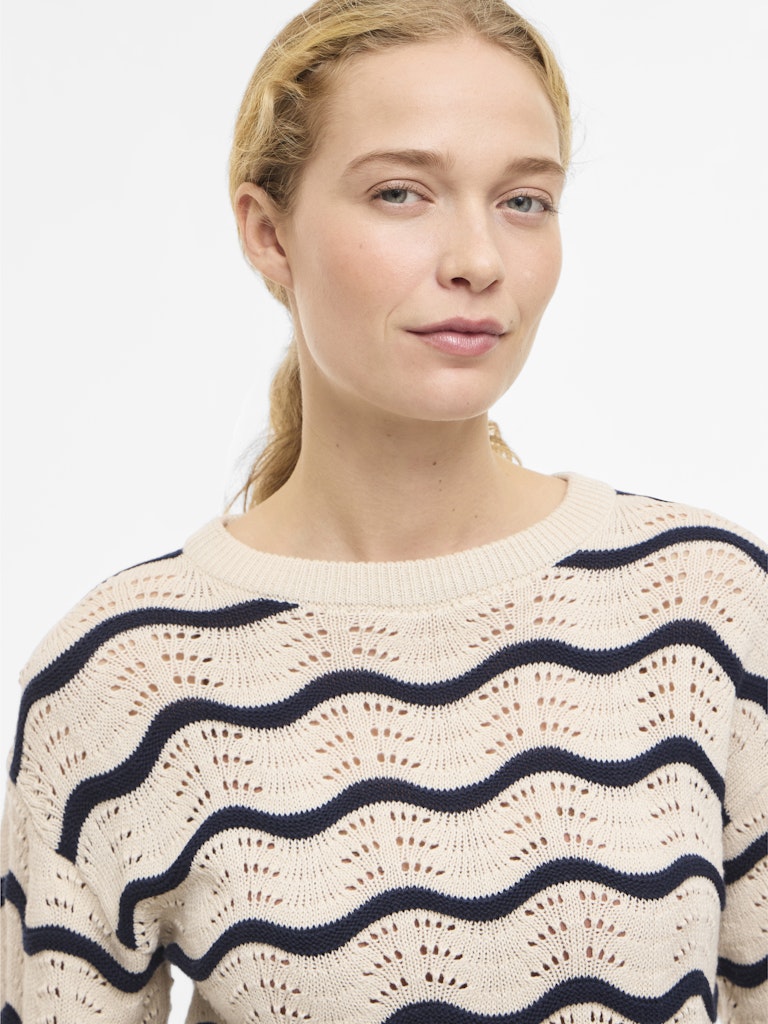 Viwave O-neck Ls Pointelle Knit Top-noos - Ecru Dessin