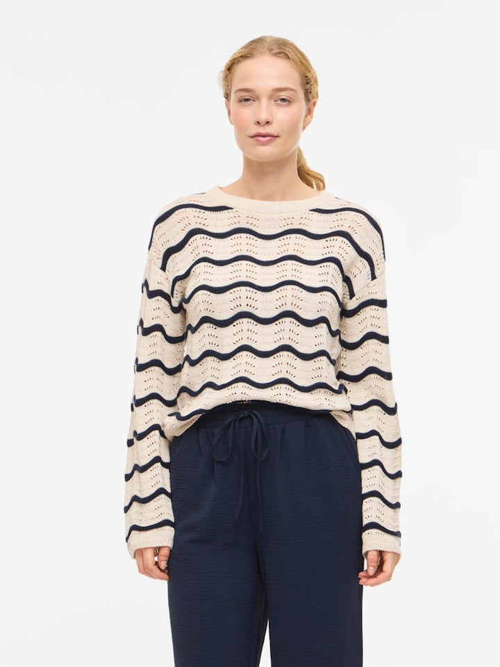 Viwave O-neck Ls Pointelle Knit Top-noos - Ecru Dessin
