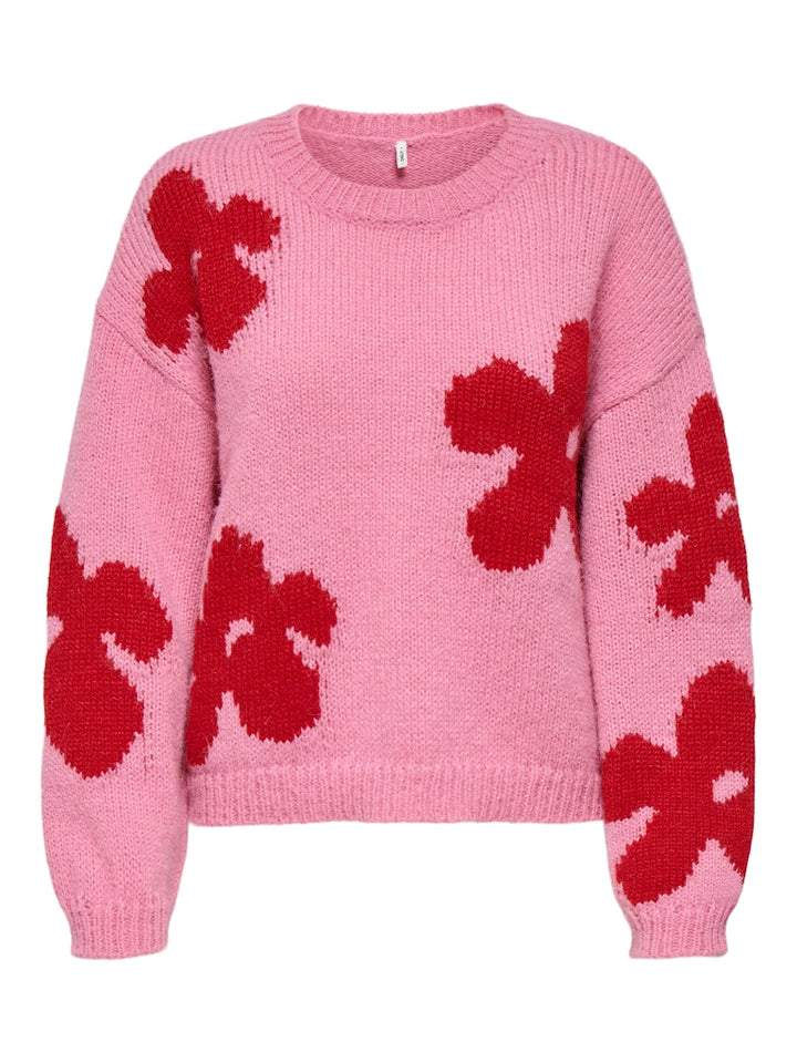 Onlbootle Life Ls Flower O-neck Knt - Roze Dessin