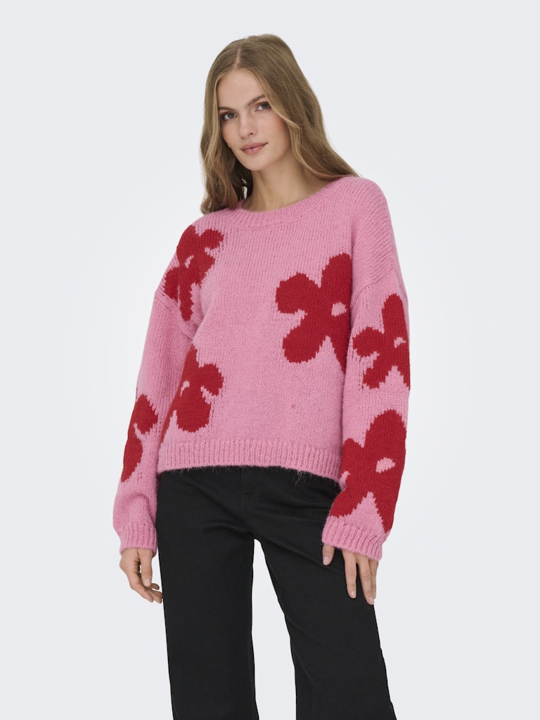 Onlbootle Life Ls Flower O-neck Knt - Roze Dessin